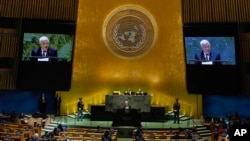 Presiden Palestina Mahmoud Abbas menyampaikan pidato pada sidang ke-79 Majelis Umum Perserikatan Bangsa-Bangsa, Kamis, 26 September 2024, di markas besar PBB. (Foto AP/Frank Franklin II)