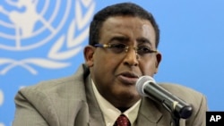 FILE - Somalia's Prime Minister Omar Abdirashid Ali Sharmarke speak to journalists in Nairobi Kenya about developments in Somalia.