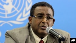 FILE - Somalia's Prime Minister Omar Abdirashid Ali Sharmarke speak to journalists in Nairobi Kenya about developments in Somalia.