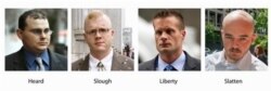 FILE - In these various file photos, Blackwater guards, from left, Dustin Heard, Paul Slough, Evan Liberty and Nicholas Slatten.