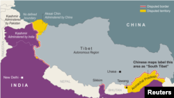 Map shows border disputes between China and India.