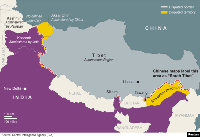 Map shows border disputes between China and India.