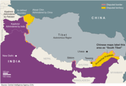 Map shows border disputes between China and India.