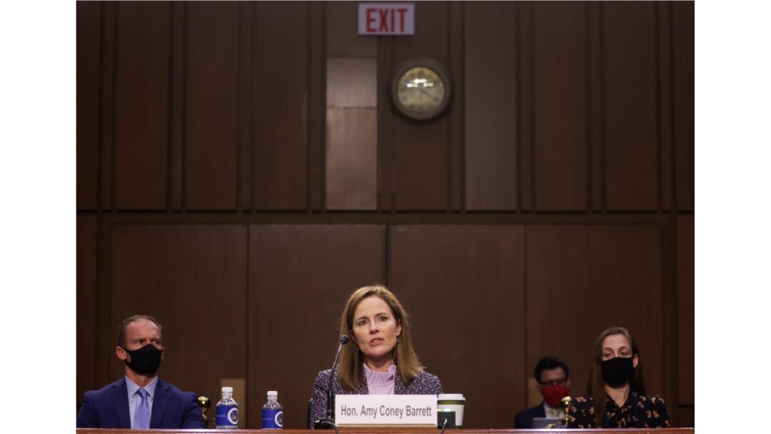U.S. Supreme Court nominee Judge Amy Coney Barrett testifies on the third day of her U.S. Senate Judiciary Committee confirmation hearing on Capitol Hill in Washington, Oct. 14, 2020.