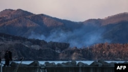 2月27日,日本岩手县大船渡市附近的森林大火升起烟雾。