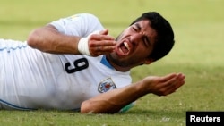 Cầu thủ Luis Suarez của đội Uruguay phản ứng trong trận đấu với đội Italia tại Sân vận động Dunas tại Natal.