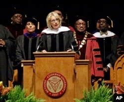 Secretary of Education Betsy DeVos delivers a commencement speech to graduates at Bethune-Cookman University in Daytona Beach, Fla., May 10, 2017.