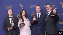 From left; Ronan Hill, Onnalee Blank, Richard Dyer, and Mathew Waters winners of the award for outstanding sound mixing for a comedy or drama series (one-hour) for "Game of Thrones - Beyond The Wall" pose in the press room during night one of the Creative Arts Emmy Awards at The Microsoft Theater on Saturday, Sept. 8, 2018, in Los Angeles.