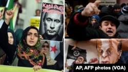 At left, Turkish protesters shout anti-Russia slogans during a protest in Istanbul, Turkey, Nov. 27, 2015. A protester shouts slogans during a demonstration in front of the Turkish embassy in Moscow, Nov. 25, 2015. (AP, AFP)
