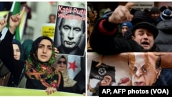 A la izquierda, manifestantes turcos protestan contra Rusia en Estambul. Nov. 17 de 2015. A la derecha, en Moscú un manifestante protesta frente a la embajada de Turquía. Nov. 25 de 2015.