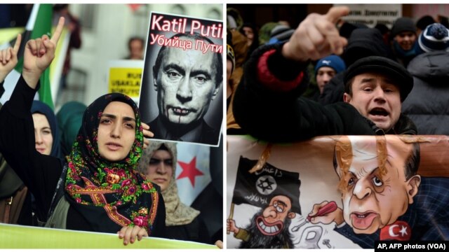 A la izquierda, manifestantes turcos protestan contra Rusia en Estambul. Nov. 17 de 2015. A la derecha, en Moscú un manifestante protesta frente a la embajada de Turquía. Nov. 25 de 2015.