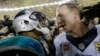 Carolina Panthers’ Cam Newton, left, talks to Denver Broncos’ Peyton Manning (18) after the NFL Super Bowl 50 football game, Feb. 7, 2016.