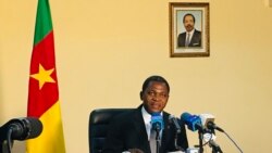 Paul Atanga Nji, ministre de l’Administration territoriale faisant le point du déroulement du double scrutin, à Yaoundé le 9 février 2020. (VOA/Emmanuel jules Ntap)