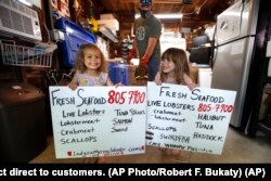 In this Friday, May 29, 2020 photo, Cora Pray, left, and her sister, Pearl Pray, hold homemade signs advertising their father's new business of selling his lobsters from his home garage in Portland, Maine.