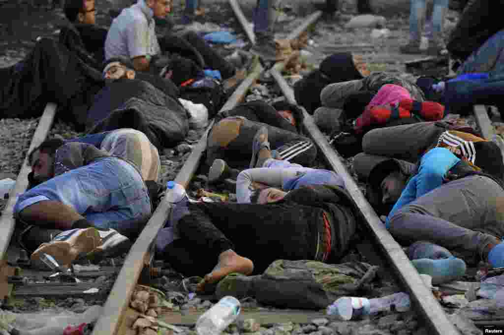 Refugees and migrants sleep on the railway tracks close to the borders of Greece with Macedonia, near the village of Idomeni, Sept. 6, 2015.
