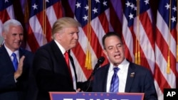 In this Nov. 9, 2016, file photo, President-elect Donald Trump, left, stands with Republican National Committee Chairman Reince Priebus during an election night rally in New York. 