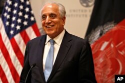 FILE - Special Representative for Afghanistan Reconciliation Zalmay Khalilzad speaks at the U.S. Institute of Peace in Washington, Feb. 8, 2019.