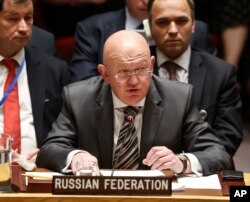 Russia's United Nations Ambassador Vasily Nebenzya address the U.N. Security Council meeting, Sept. 6, 2018, at U.N. headquarters in New York.