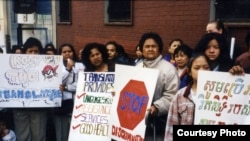 Cambodian refugees protested in the streets demanding better treatment and public services including interpretation service, in the Northwest Bronx, in late 1990s. (Courtesy photo of Chhaya Chhoum)