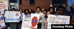 Cambodian refugees protested in the streets demanding better treatment and public services including interpretation service, in the Northwest Bronx, in late 1990s. (Courtesy photo of Chhaya Chhoum)