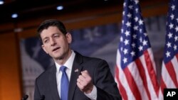 House Speaker Paul Ryan of Wis. meets with reporters on Capitol Hill in Washington, Feb. 16, 2017.