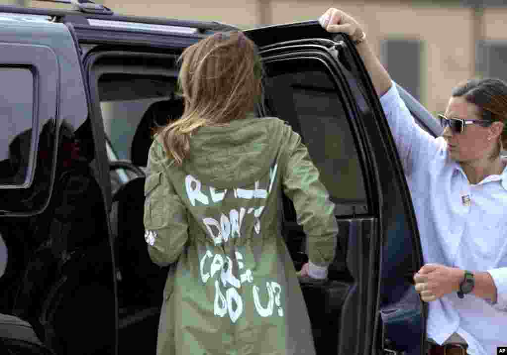 First lady Melania Trump arrives at Andrews Air Force Base, Md., June 21, 2018, after visiting the Upbring New Hope Children Center in McAllen, Texas. The first lady&#39;s team insisted that there was no hidden meaning behind the wording on the back of her jacket: &quot;I really don&#39;t care. Do U?&quot;