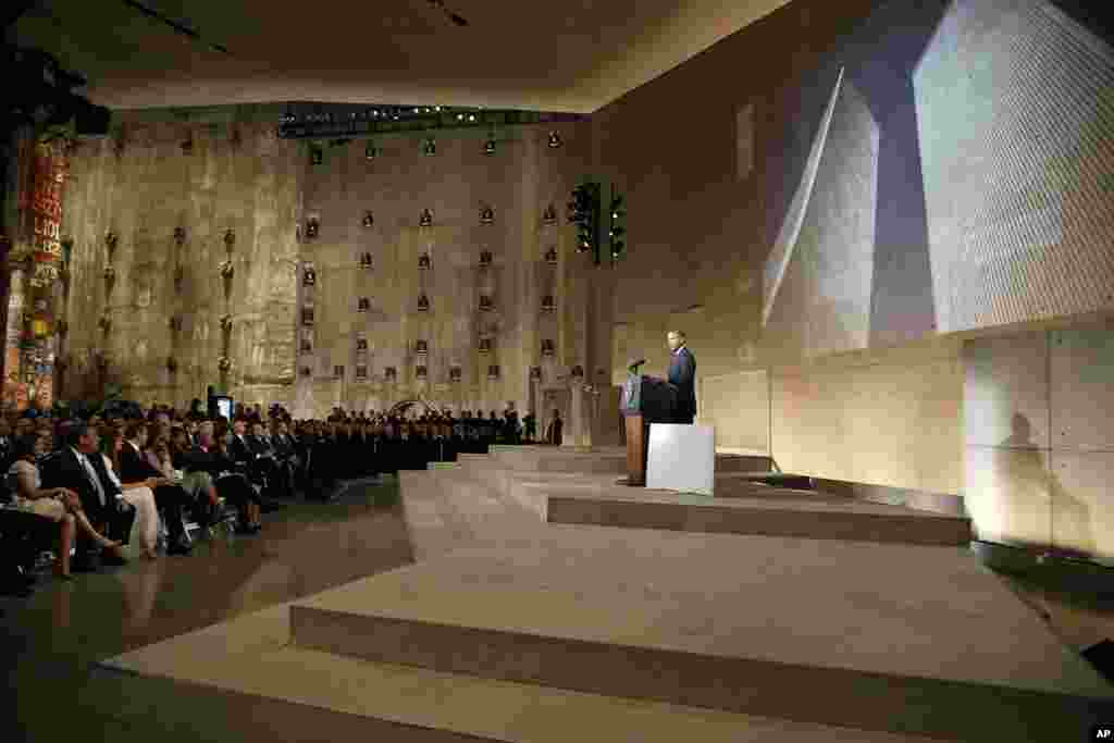 President Obama speaks at the dedication ceremony for the National September 11 Memorial Museum saying no act of terror can match the strength and character of the United States, New York City, May 15, 2014.