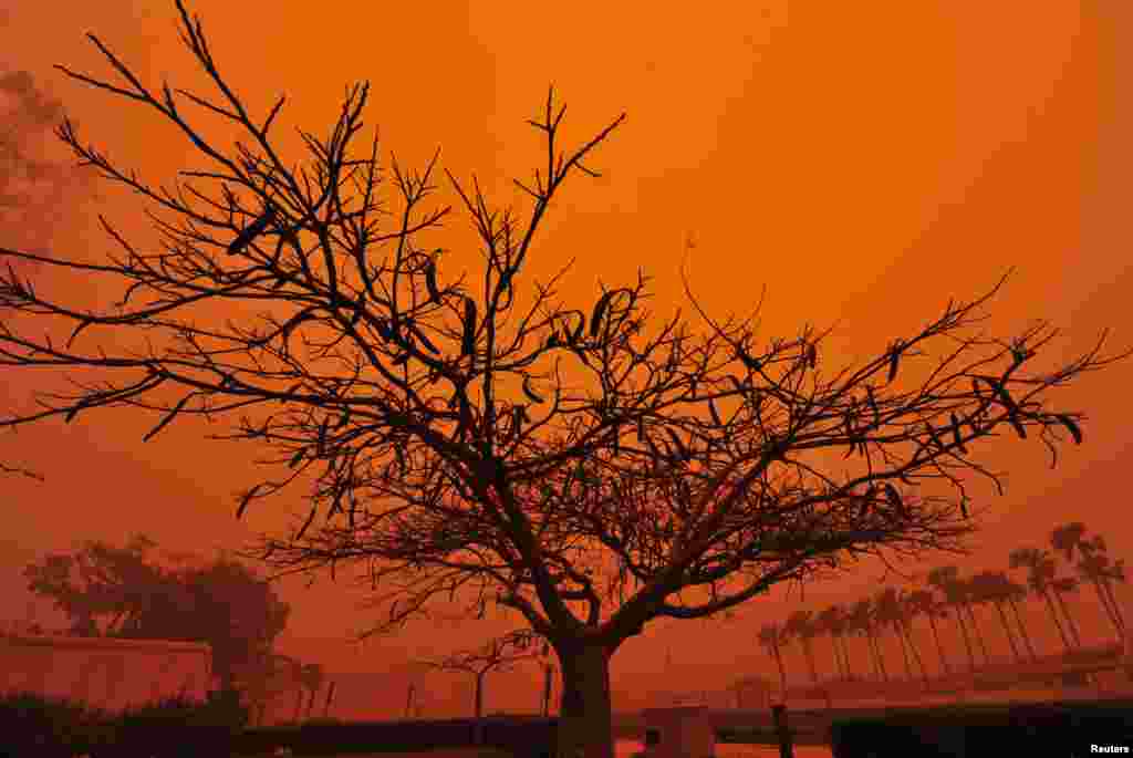 A strong dust storm prevents people from leaving their homes in Benghazi, Libya. 