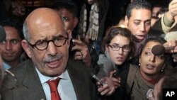 Former Director General of the International Atomic Energy Agency, IAEA, and Nobel Peace Prize winner Mohamed ElBaradei talks to members of the media as he arrives at Cairo's airport in Egypt, from Austria, January 27, 2011.