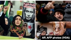 A g., des manifestants anti-Russie en Turquie, à d., des manifestants anti-Turquie en Russie. 25 novembre 2015. (AP, AFP)