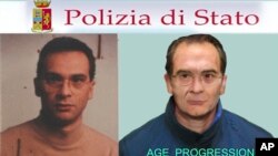 Una combinación de imágenes muestra una foto generada por computadora y publicada por la policía italiana, a la derecha, junto a una anterior del capo de la mafia Matteo Messina Denaro.
