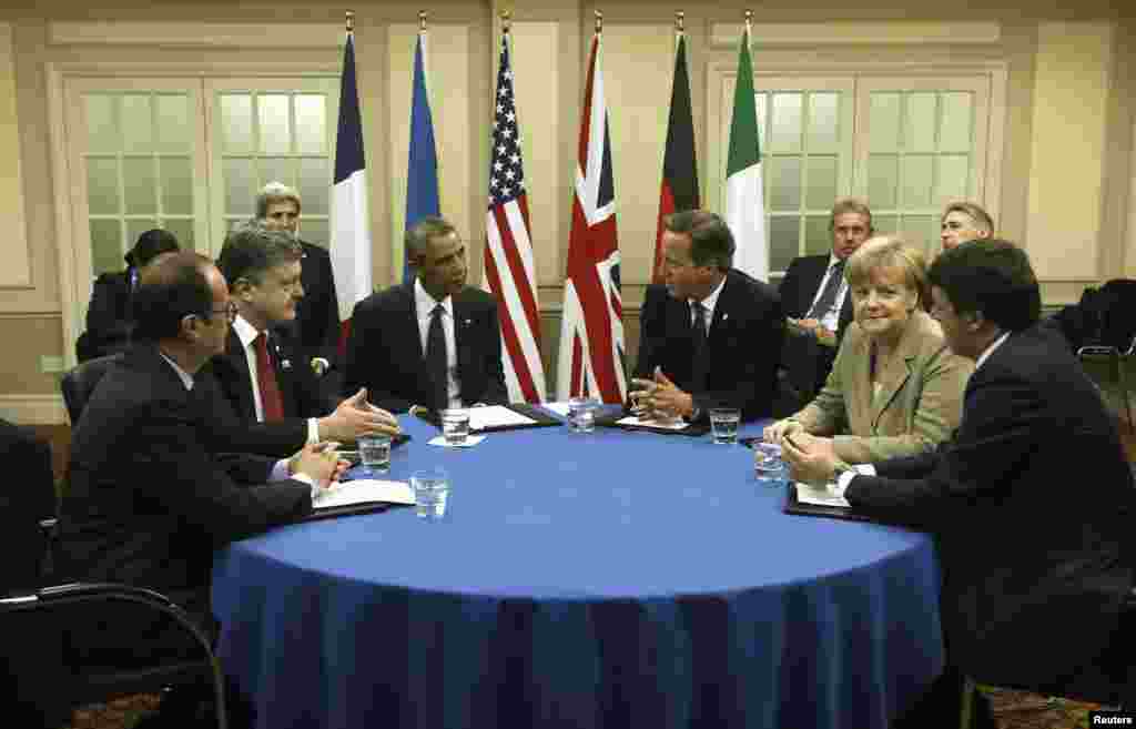 French President Francois Hollande, Ukraine President Petro Poroshenko, U.S. President Barack Obama, British Prime Minister David Cameron, German Chancellor Angela Merkel and Italian Prime Minister Matteo Renzi meet on the situation in Ukraine.