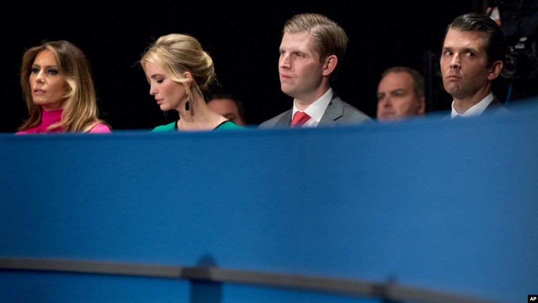 FILE - From left, Melania Trump, Ivanka Trump, Eric Trump, and Donald Trump, Jr., the family of Republican President-elect Donald Trump