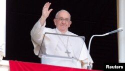 Pope Francis leads Regina Caeli prayer from his window at the Vatican, April 23, 2023. Vatican Media/­Handout via REUTERS