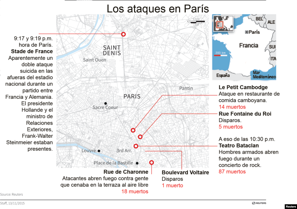 Taswirar wuraren da aka kai ma hare-hare a birnin Paris.