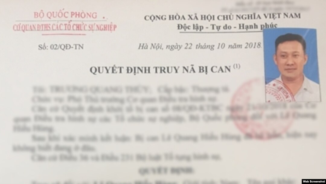 Cơ quan Điều tra hình sự Bộ Quốc phòng Việt Nam ra lệnh truy nã ông Lê Quang Hiếu Hùng, người hiện được cho là bị Cuba tạm giam. Photo CAND.