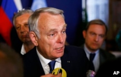 French Foreign Minister Jean-Marc Ayrault speaks to the media in Vienna, Austria, May 17, 2016.