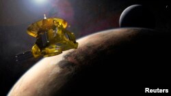 This artist's impression of NASA's New Horizons spacecraft encountering Pluto and its largest moon, Charon, is seen in a NASA image from July 2015.