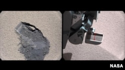 This pair of images shows a "bite mark" where NASA's Curiosity rover scooped up some Martian soil (left), and the scoop carrying soil. The first scoop sample was taken from the "Rocknest" patch of dust and sand on Oct. 7, 2012, the 61st sol, or Martian day.