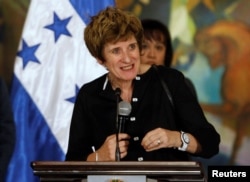 FILE - United Nation Deputy High Commissioner for Human Rights Kate Gilmore during a news conference at the presidential palace in Tegucigalpa, Honduras, Nov. 23, 2016.