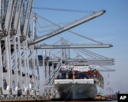In this photo provided by the Georgia Port Authority, Georgia Ports Authority, neo-panamax ship to shore cranes start work on the container ship Cosco Development at the Port of Savannah, May 11, 2017, in Garden City, Georgia.