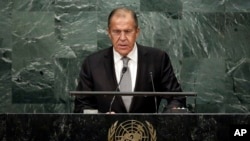 세르게이 라브로프 러시아 외무장관이 제71차 유엔총회에서 연설을 하고 있다.