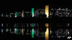 A general view of the Esplanada dos Ministerios, decorated with green and yellow ligh, the national colors of Brazil, in honor of FIFA World Cup, in Brasilia, Brazil, June 2, 2014.