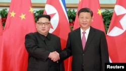 지난해 6월 중국 다롄에서 열린 북-중 정상회담에서 김정은 북한 국무위원장과 시진핑 중국 국가주석이 악수하고 있다.