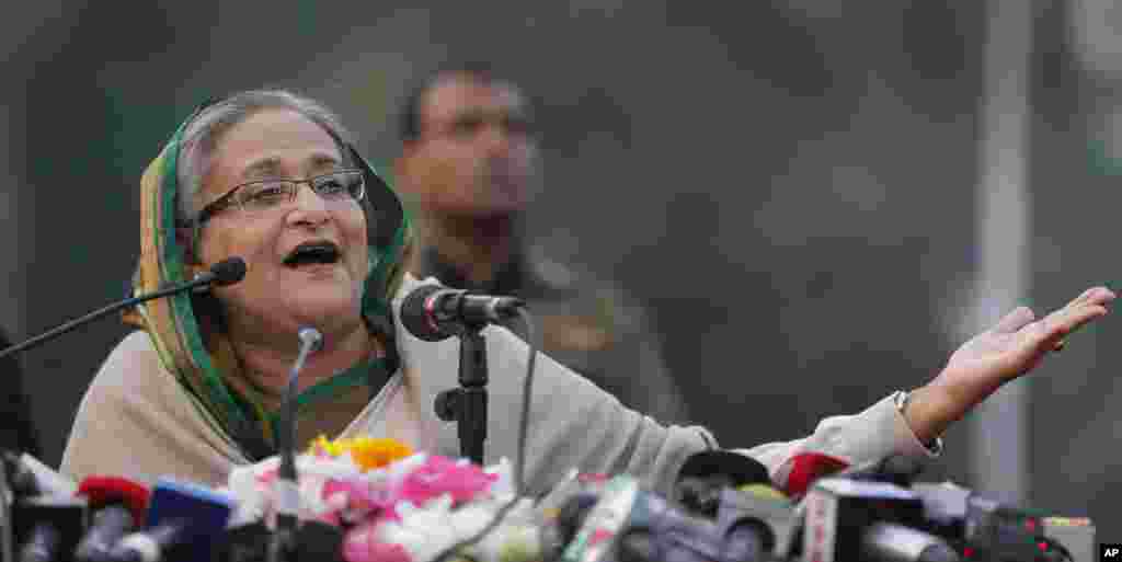 Bangladesh's Prime Minister Sheikh Hasina speaks during a press conference after her Awami League won elections, Dhaka, Jan. 6, 2014.