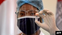 FILE - A medical worker shows a vial of China's Sinovac Covid-19 coronavirus vaccine at the Ministry of Information in Phnom Penh on April 1, 2021. (AFP) 
