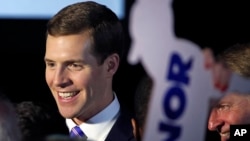 Conor Lamb, the Democratic candidate for the March 13 special election in Pennsylvania's 18th Congressional District celebrates with his supporters at his election night party in Canonsburg, Pa., March 14, 2018. 
