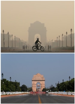 A combo shows the India Gate war memorial on October 17, 2019 and after air pollution level