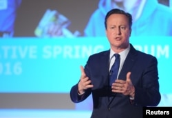 Britain's Prime Minister, David Cameron, addresses the Conservative Spring Forum in central London, April 9, 2016.