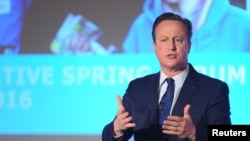 Britain's Prime Minister, David Cameron, addresses the Conservative Spring Forum in central London, April 9, 2016. 